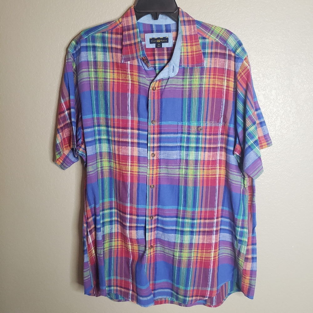 Club Room Short Sleeve Plaid Button Down Linen Shirt XL Blue Red